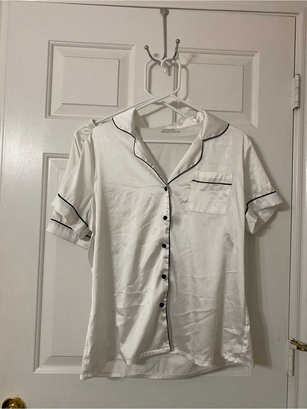 Ekouver White Satin Short Sleeve Pajama Top with Black Piping